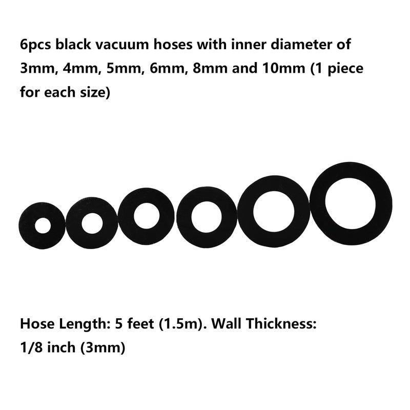 Ucreative 1/8"" 5/32"" 3/16"" 1/4"" 5/16"" 3/8"" High Performance Automotive Silicone Vacuum Tubing Hose Kit for Air and Water 6PCS 5FT (Black) - Image 2
